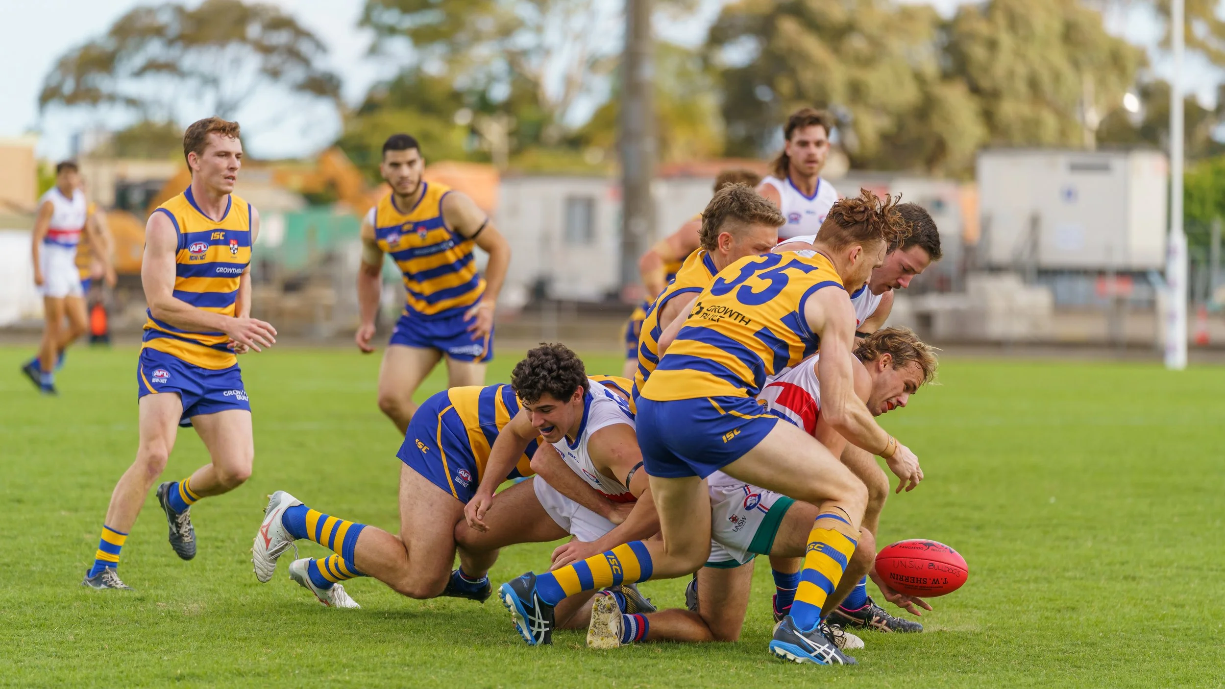 Australian rules football players in yellow and blue uniforms and white and red uniforms competing for the ball on the field.