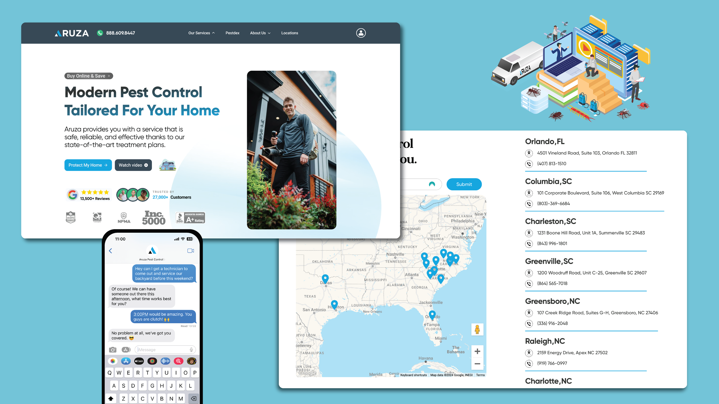 Website homepage for a pest control service company called Aruza, showing contact information and service locations across the southeastern United States. The page includes a map with location markers, an image of a technician, and a mobile chat conversation about scheduling pest control services.