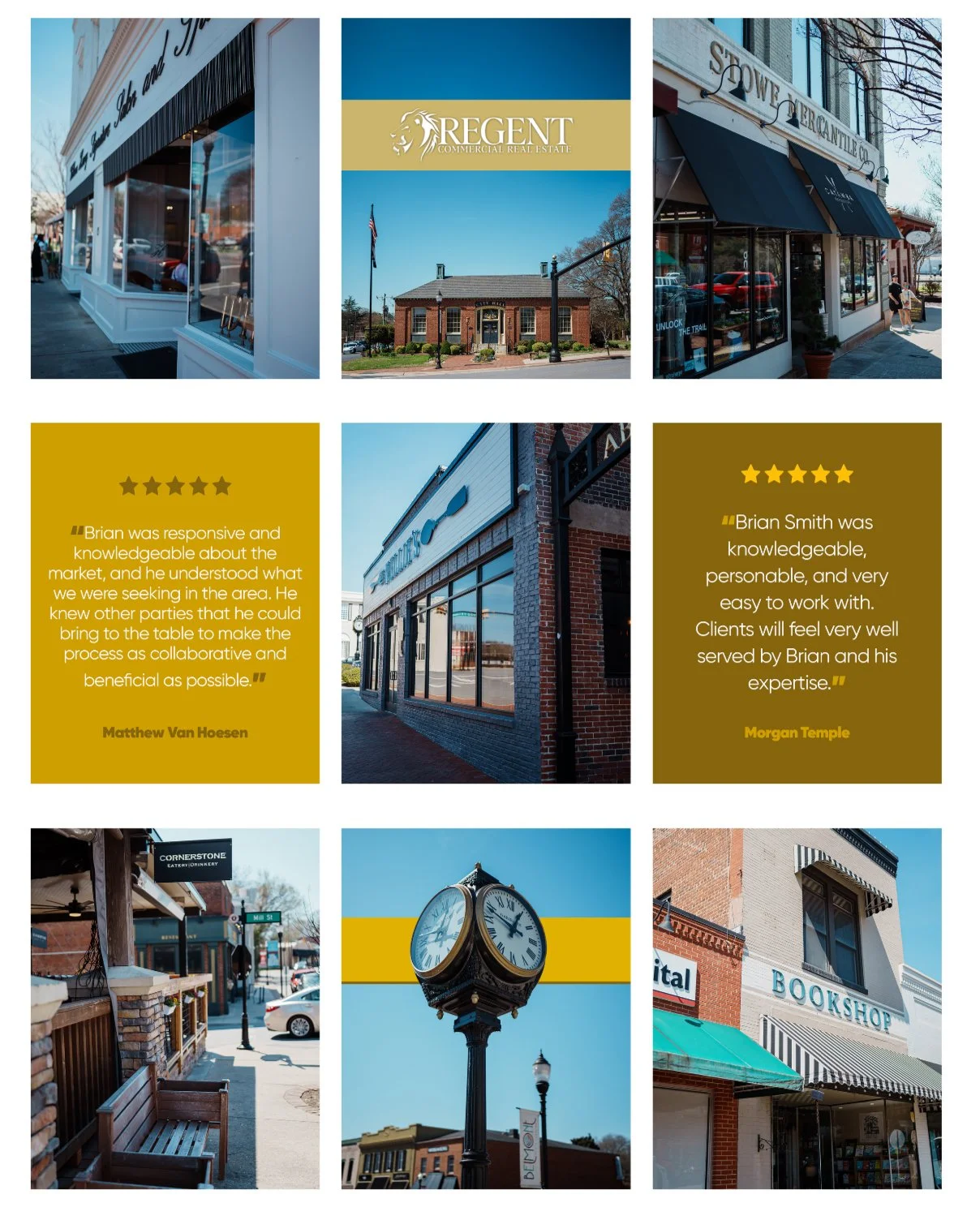 A collage of nine images showcasing storefronts, a historical building, a clock, and quotes about business and customer service, set in a small town or commercial district.