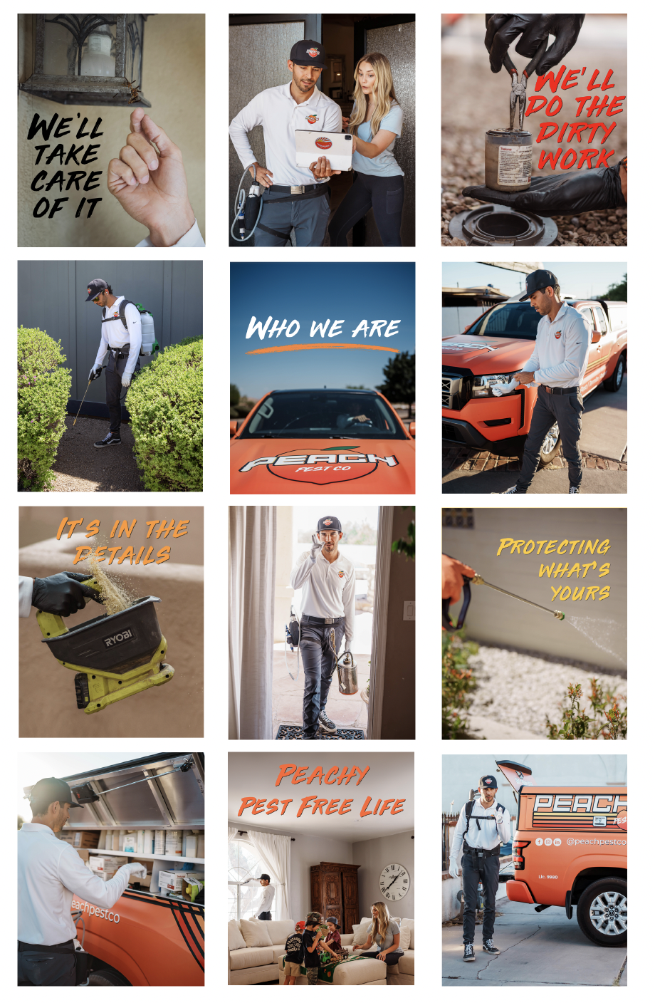Collage of pest control and property maintenance scenes including technicians inspecting homes, using spray equipment, and working outdoors. Central image features a truck with "PEACH PEST" branding with the text "WHO WE ARE." Other images show pest