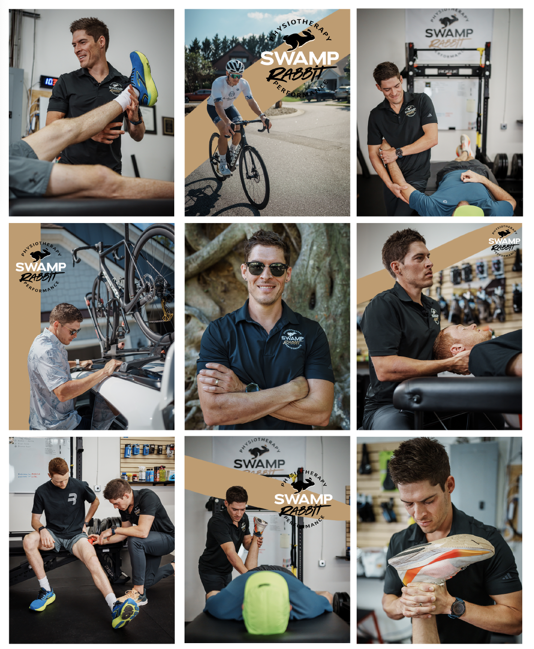 A group of people at Swamp Rabbit Physio & Performance, including a man holding a leg while stretching, a cyclist riding outdoors, a physical therapist working with a patient, a person inspecting a bicycle, a man smiling with crossed arms, a man rece