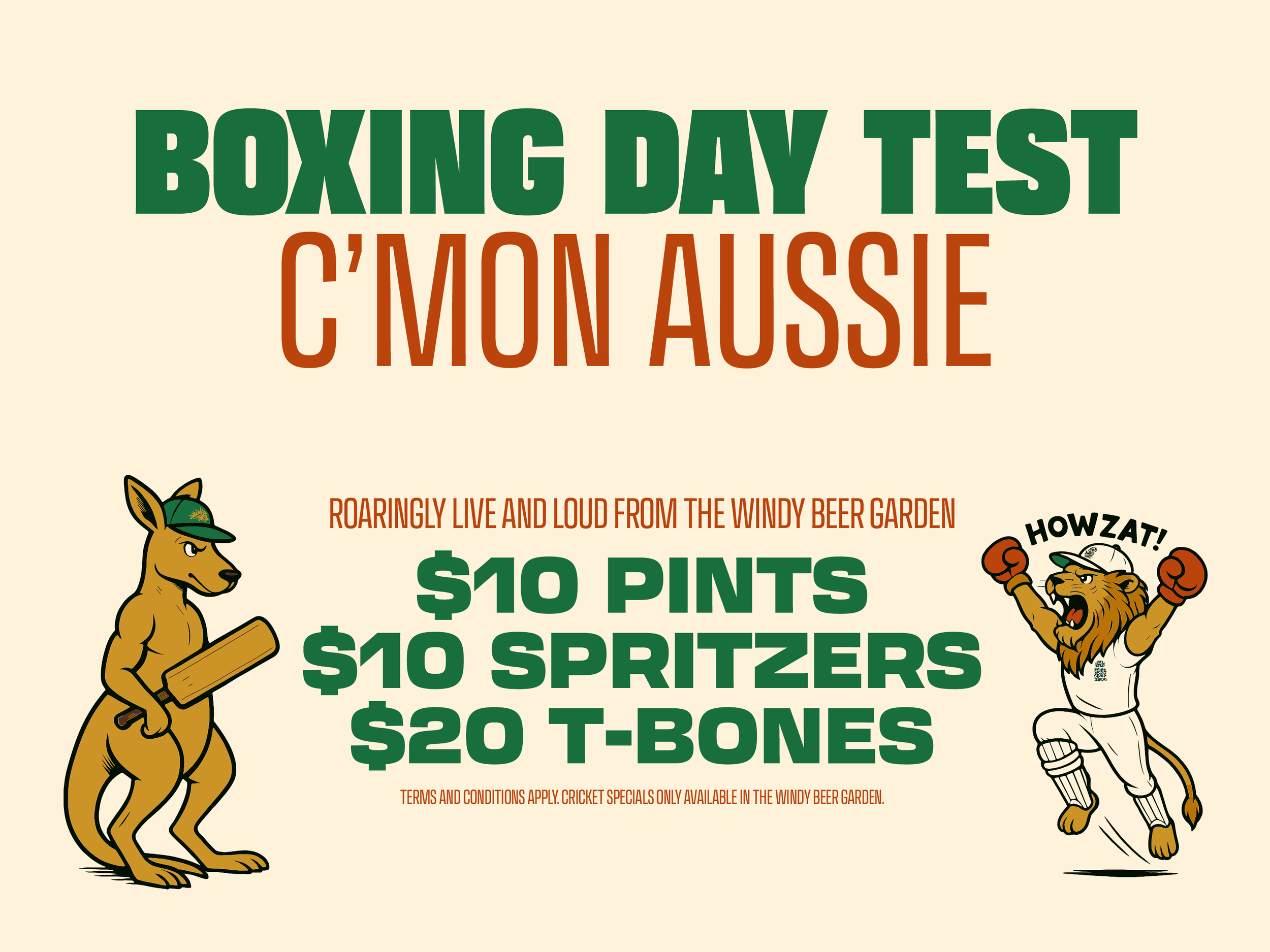 A promotional poster for Boxing Day Test event at Windy Beer Garden featuring cartoon kangaroo and lion mascots, with prices for pints, spritzers, and T-bones.
