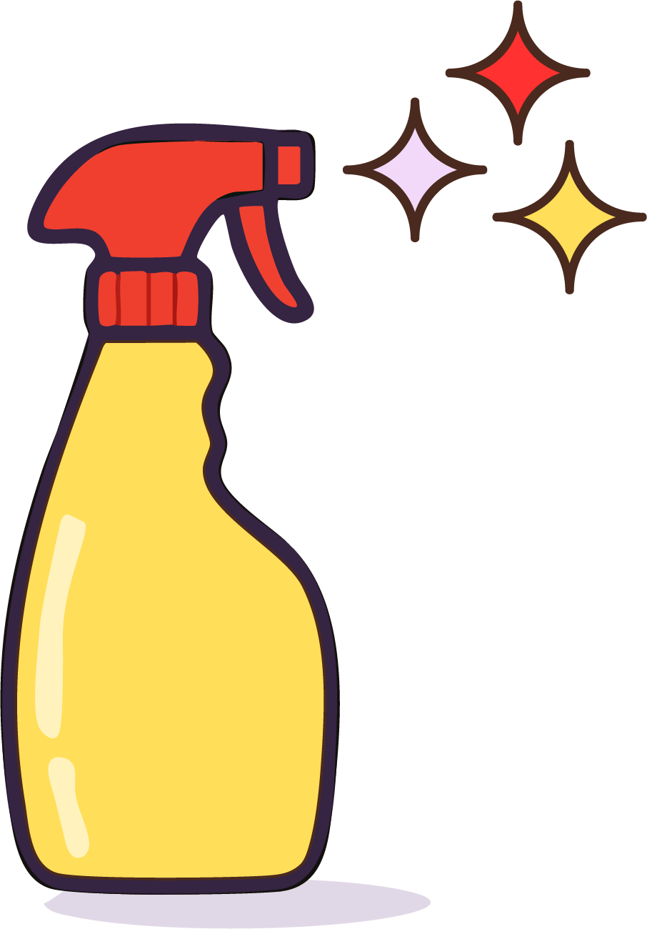 Illustration of a yellow spray bottle with a red nozzle and three sparkling stars emitting from the spray.