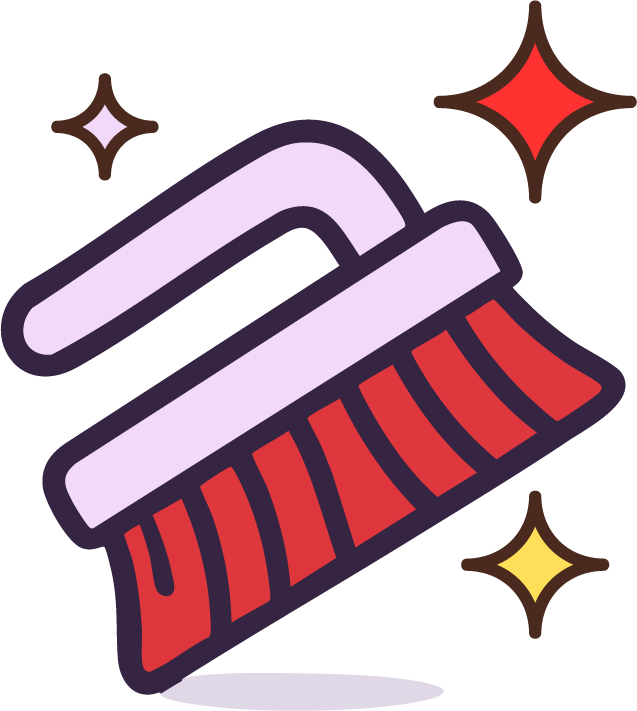 Cartoon of a red and purple broom with sparkles around it.