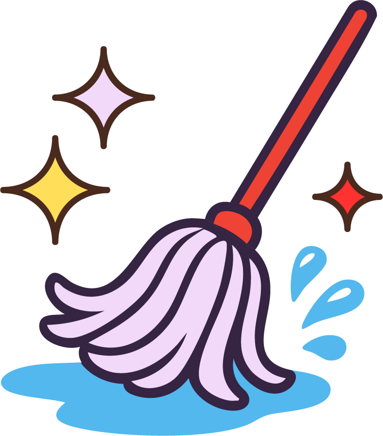 Cartoon mop cleaning a puddle of water with sparkles around.