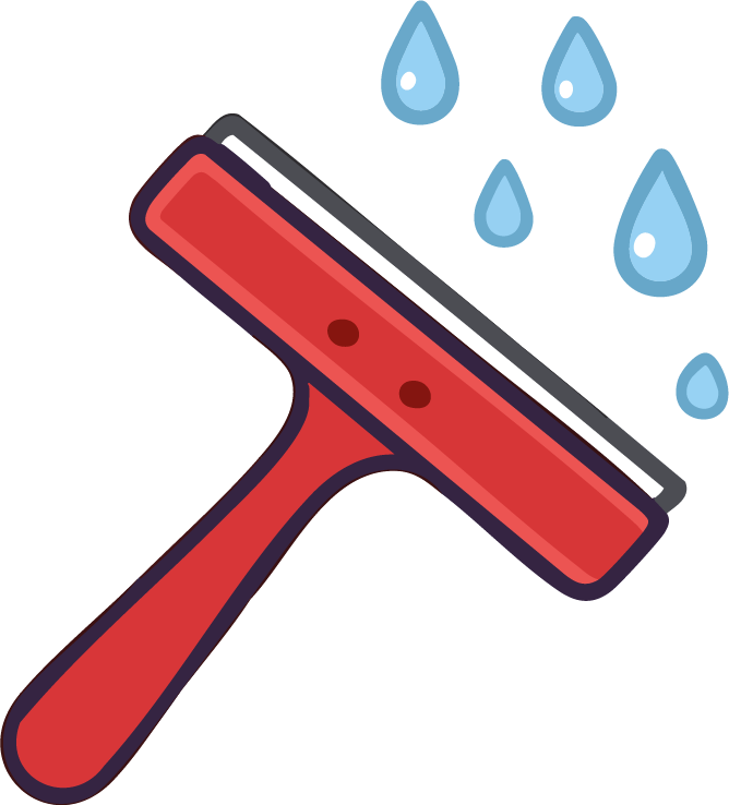 Illustration of a red squeegee with blue water droplets above it.
