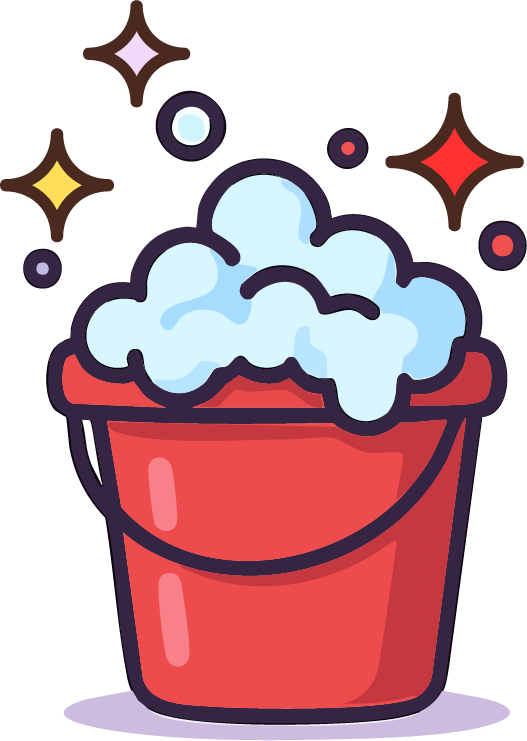 A cartoon illustration of a red bucket filled with soap bubbles, with colorful stars and bubbles around it.