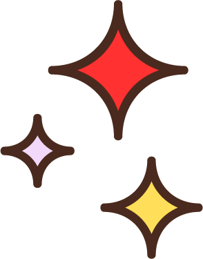 Three star-shaped sparkles in red, purple, and yellow colors.