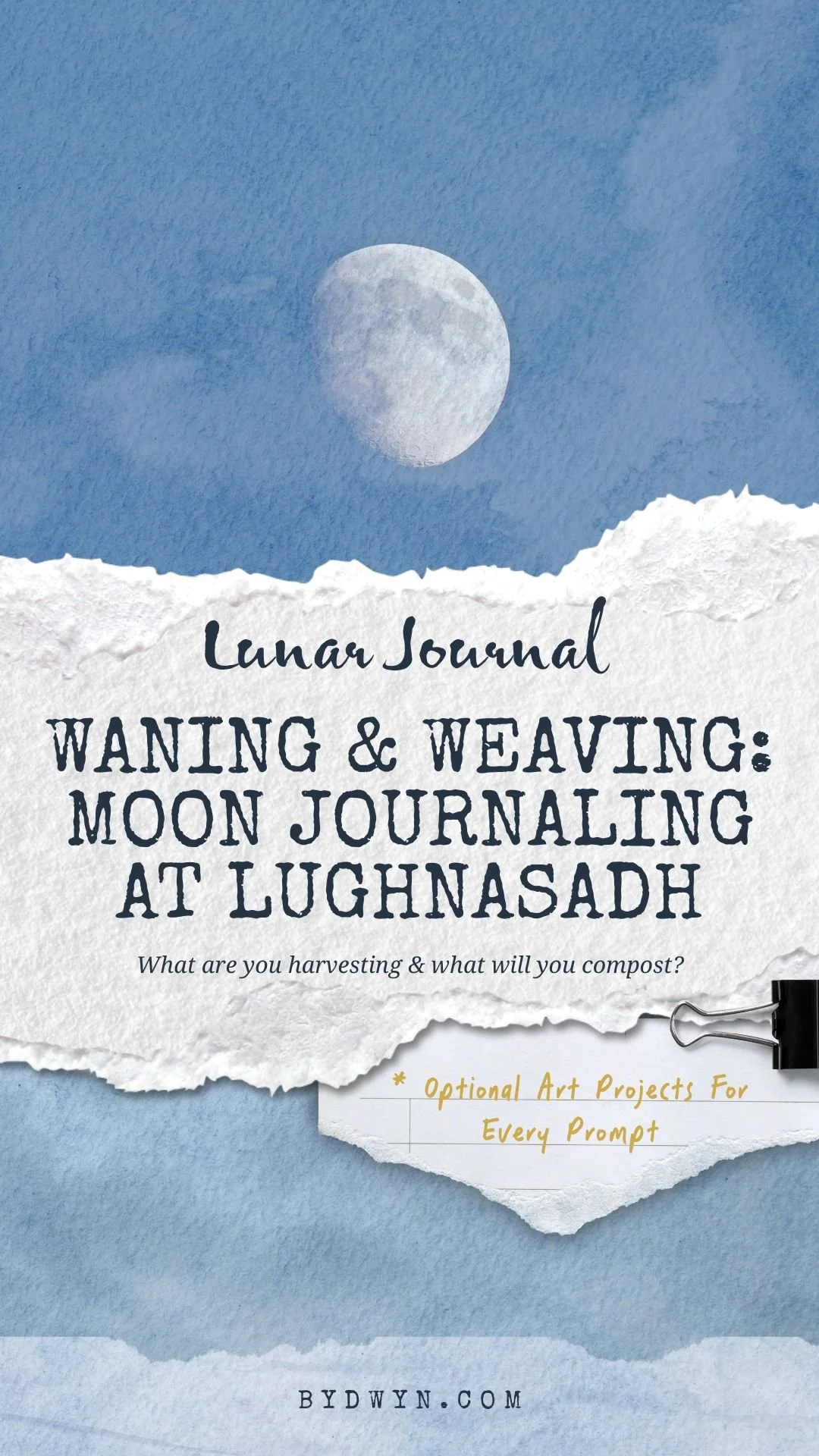 Cover of a lunar journal titled 'Waning & Weaving: Moon Journaling at Lughnasadh' with a background of the moon and torn paper design.