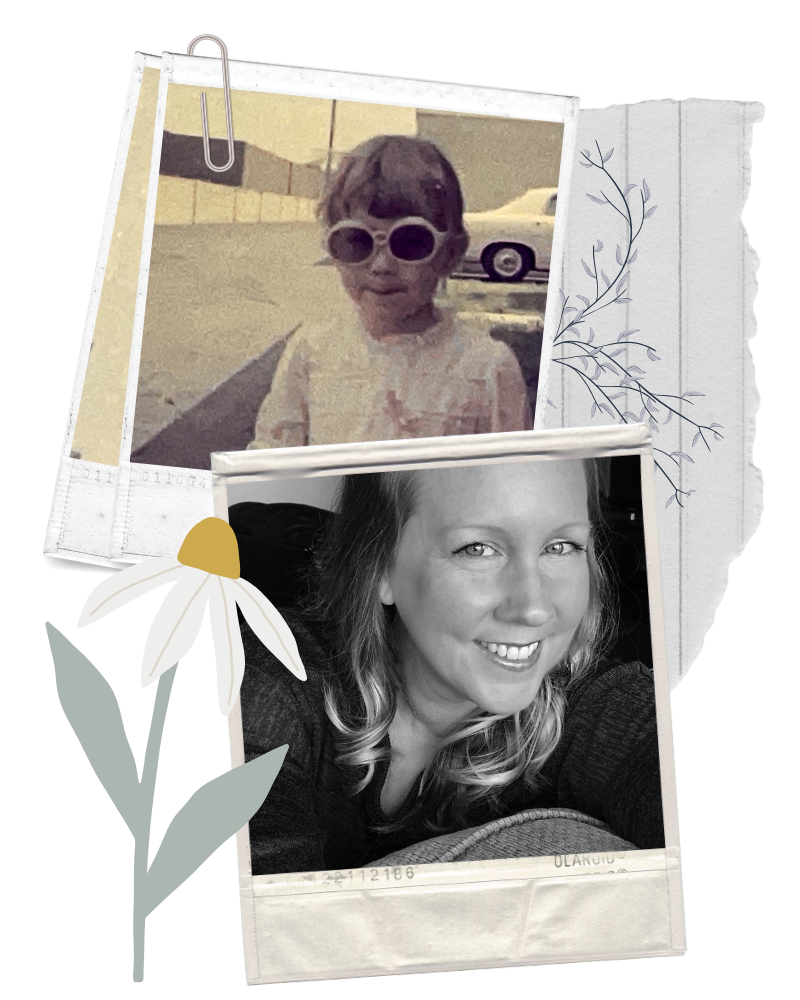 A collage of two photographs, one of a young girl wearing sunglasses, and one of a woman smiling, decorated with floral illustrations and paper textures.