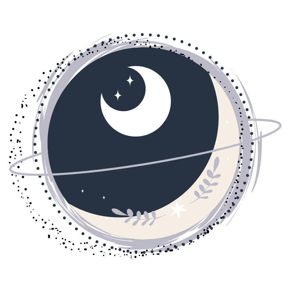 A circular illustration of the moon and planets with stars and foliage, featuring a large crescent moon and a smaller crescent moon with stars, surrounded by orbit rings, leaves, and decorative dots.