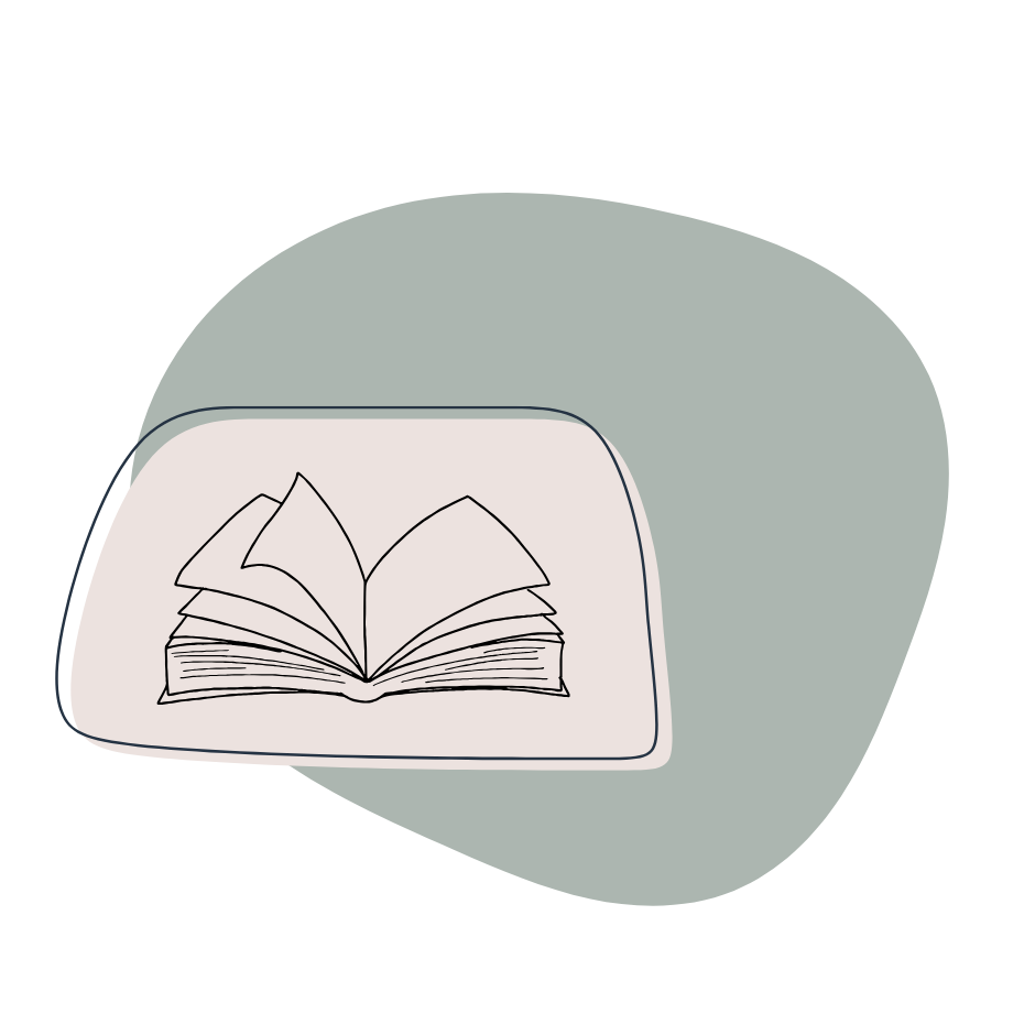 Illustration of an open book with pages turning, placed on a desk or table