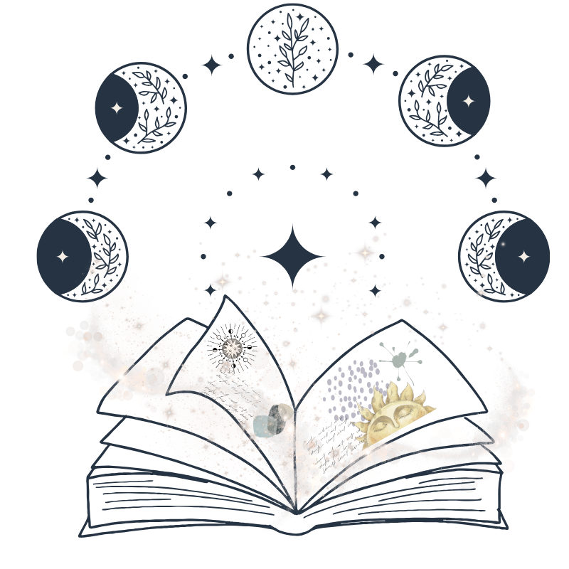 An illustration of an open book with sparkles, stars, and celestial symbols emerging from its pages, including moons, a sun, and constellations, creating a magical cosmic scene.