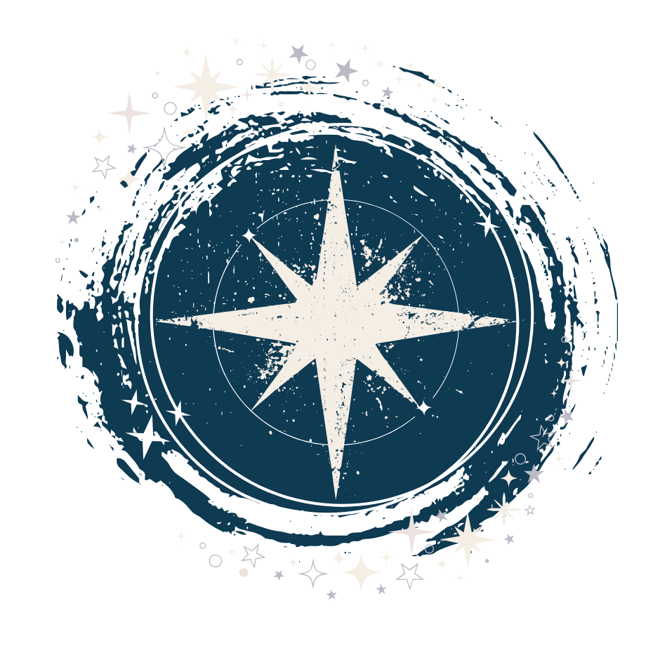 A stylized white compass rose surrounded by stars and circular patterns on a dark blue background.