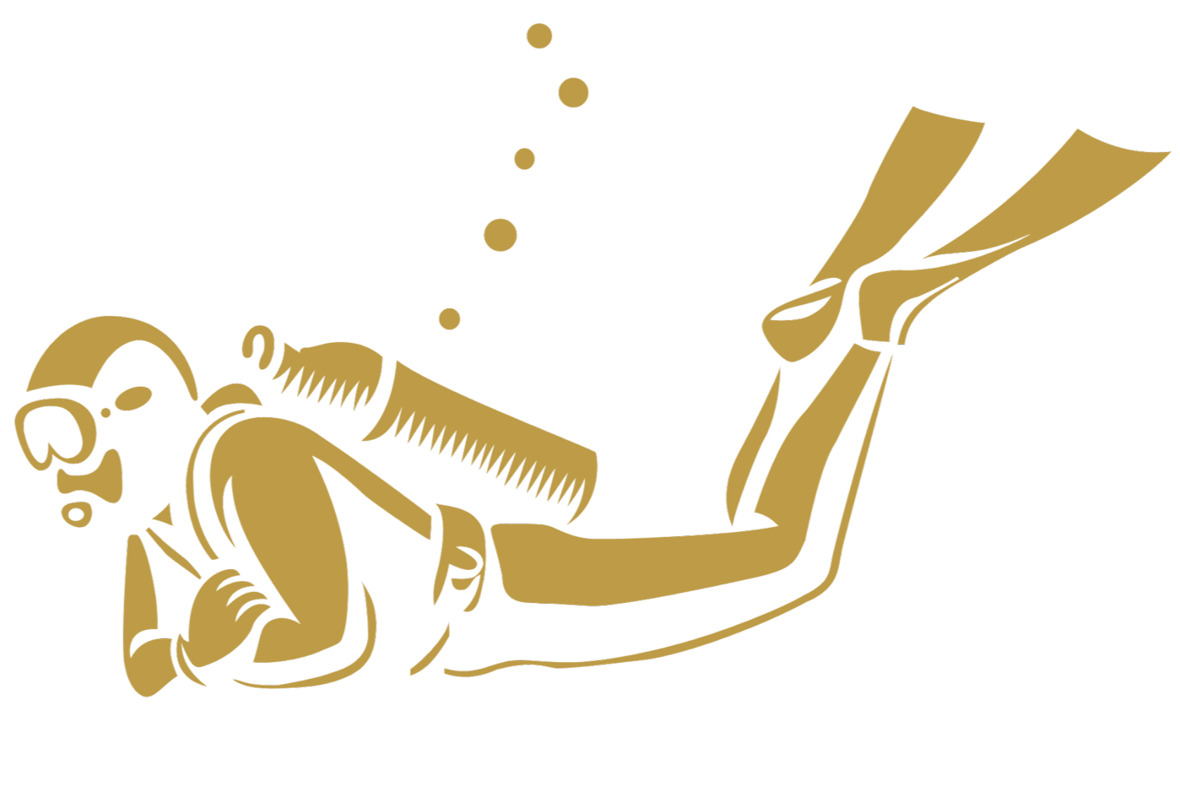 Gold outline of a scuba diver with mask, snorkel, fins, and wetsuit, swimming underwater with bubbles rising.