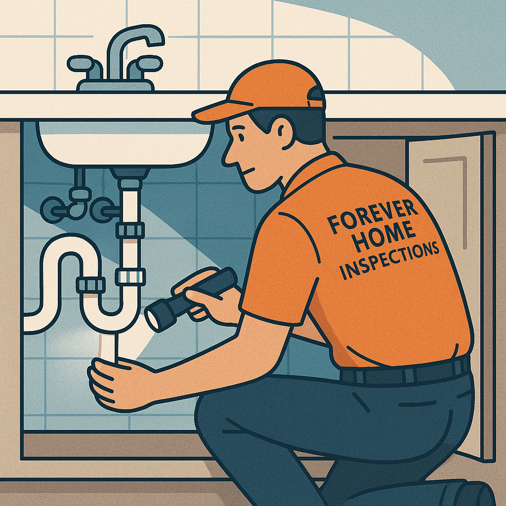 A home inspector in an orange shirt and cap kneels beneath a kitchen sink, inspecting plumbing with a flashlight.