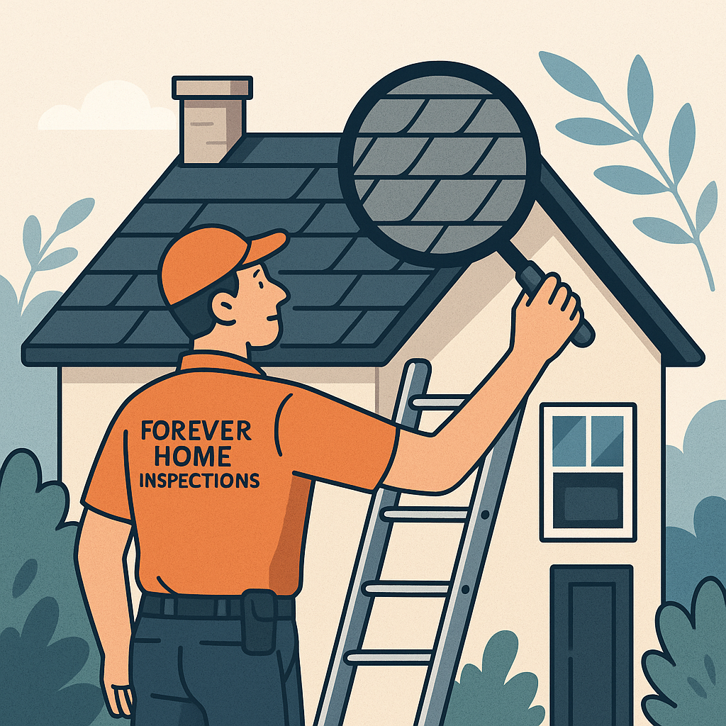 A home inspector wearing an orange shirt with 'Forever Home Inspections' written on the back, inspecting the roof shingles with a magnifying glass, standing beside a ladder leaning against a house with a chimney, surrounded by bushes and trees.