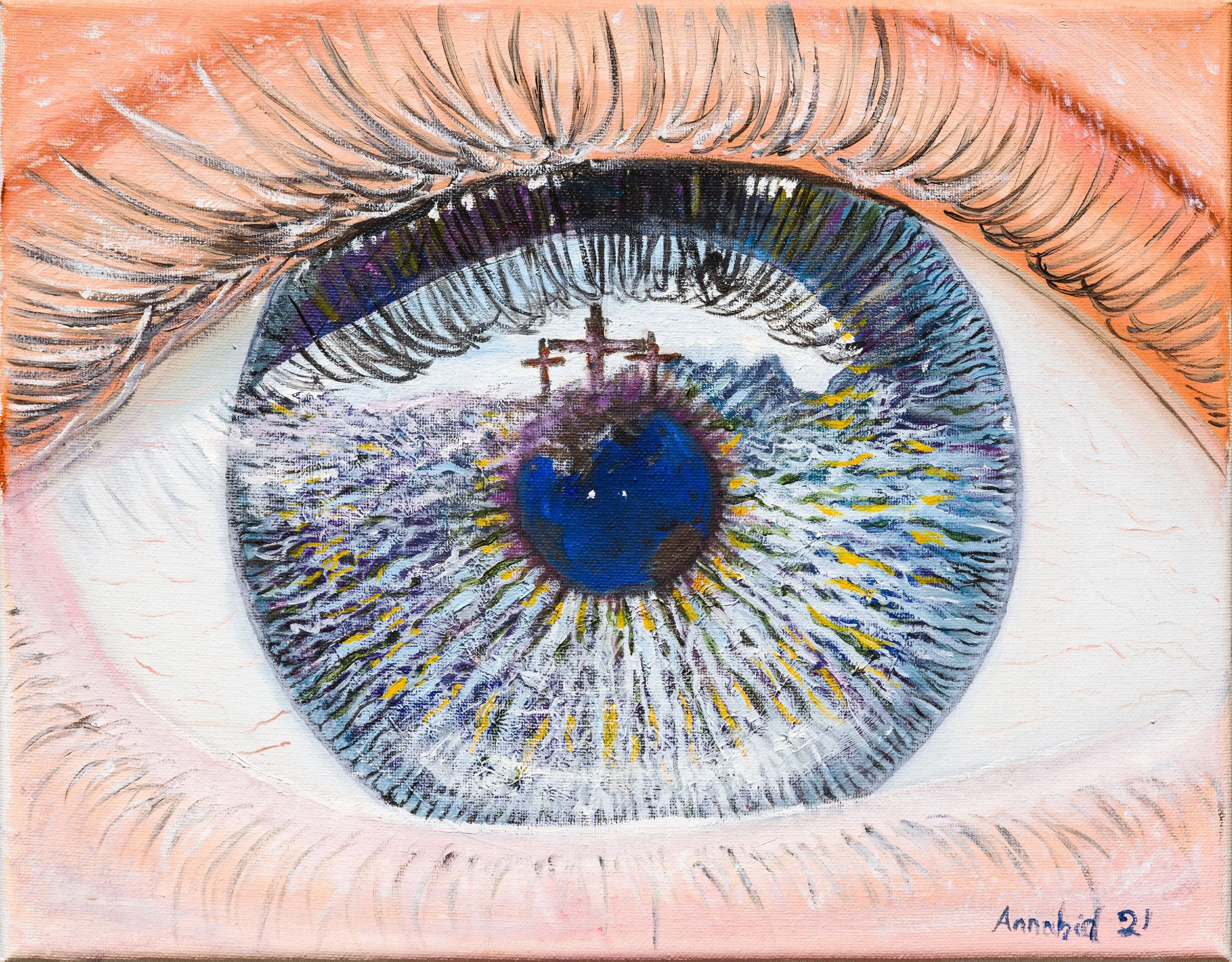 A detailed painting of a blue eye with the reflection of crosses and mountains in the iris, and a person holding a globe in front of the eye.