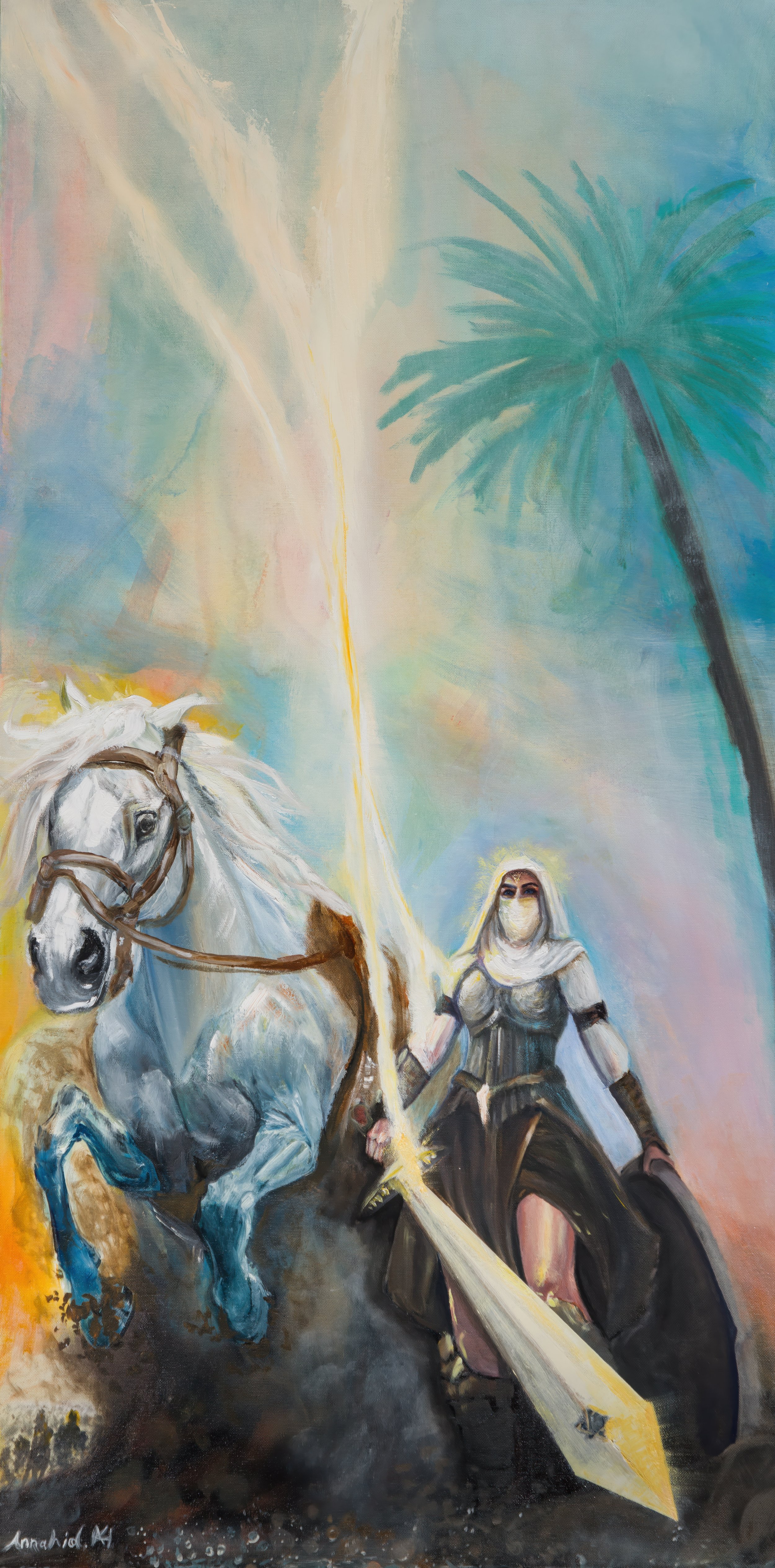 A fantasy painting of a woman with a white head covering holding a sword, a white horse, a palm tree, and a lightning bolt in the background. She is Deborah a biblical figure, and God chose her, she was seen.