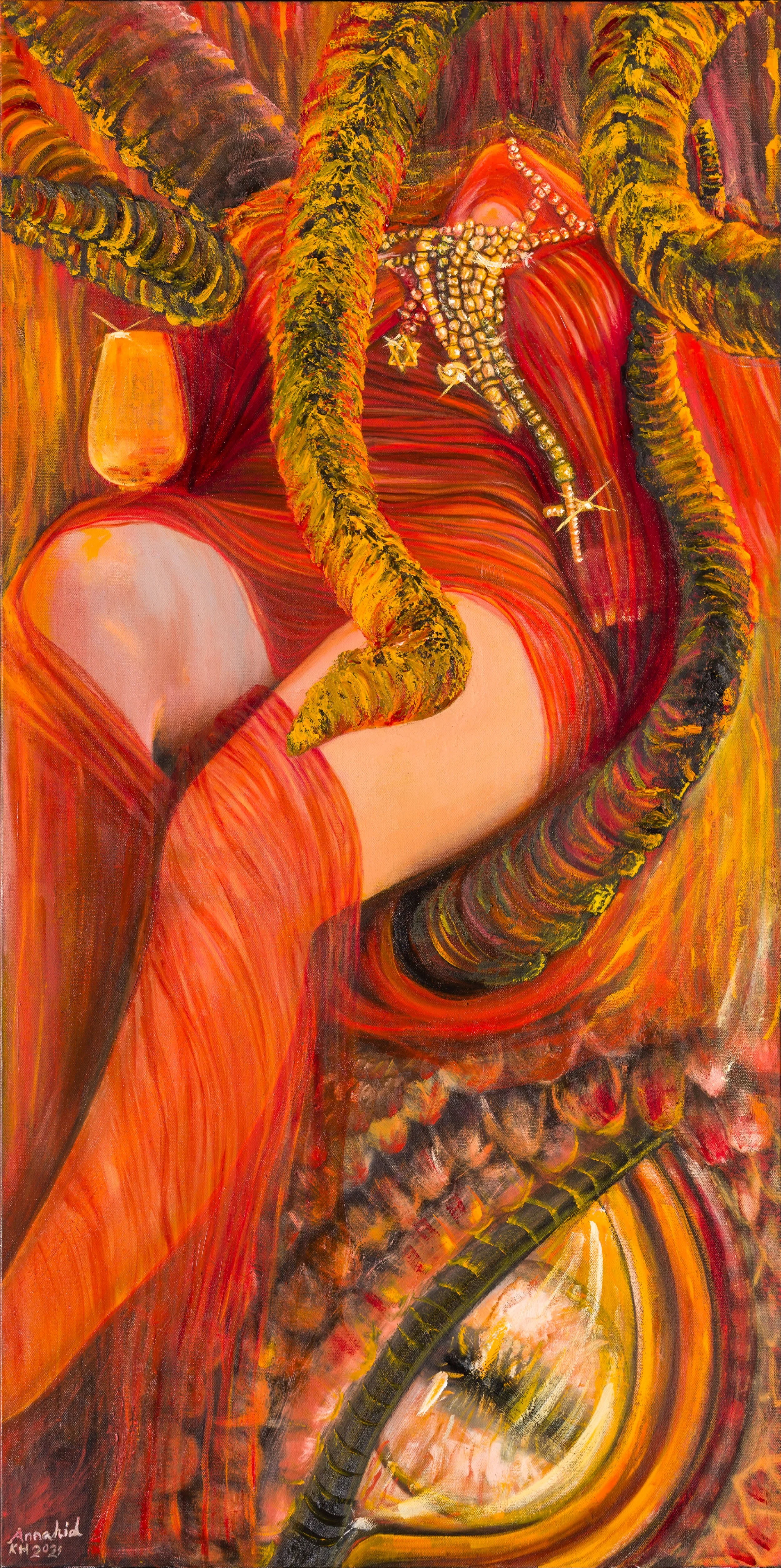 A woman with long red and magenta clothing sitting on a dragon holding a glass of red blood, surrounded by large horns with jewelry, with all religious symbols , with a colorful abstract background. and eye of the dragon, biblical book of revelation.