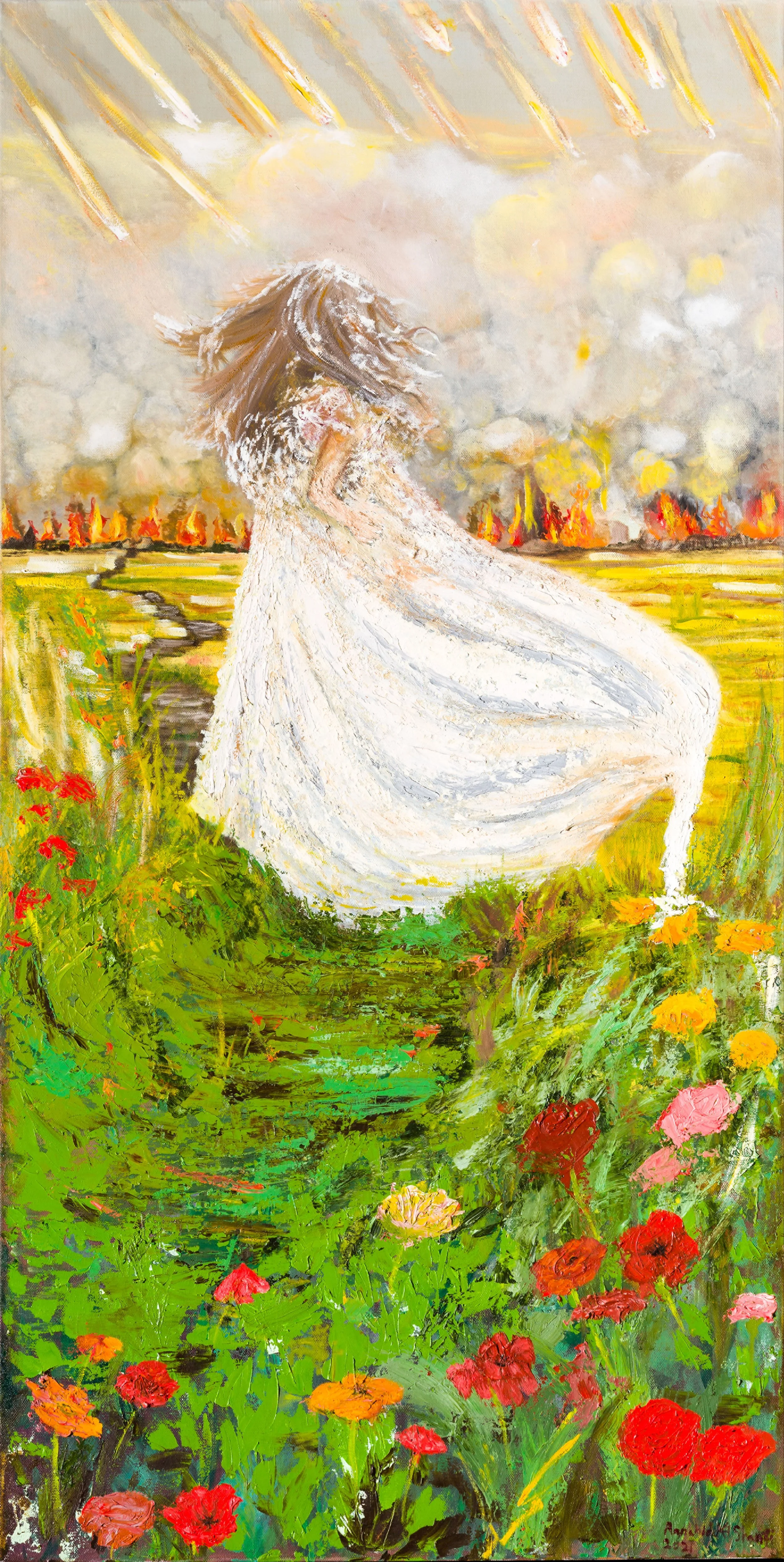 A painting of a woman with long hair standing in a field of colorful flowers, looking toward a distant burning landscape with smoke and explosions, under a sky with streaks of yellow and pink, she is Lot's wife turning to salt, biblical figure.