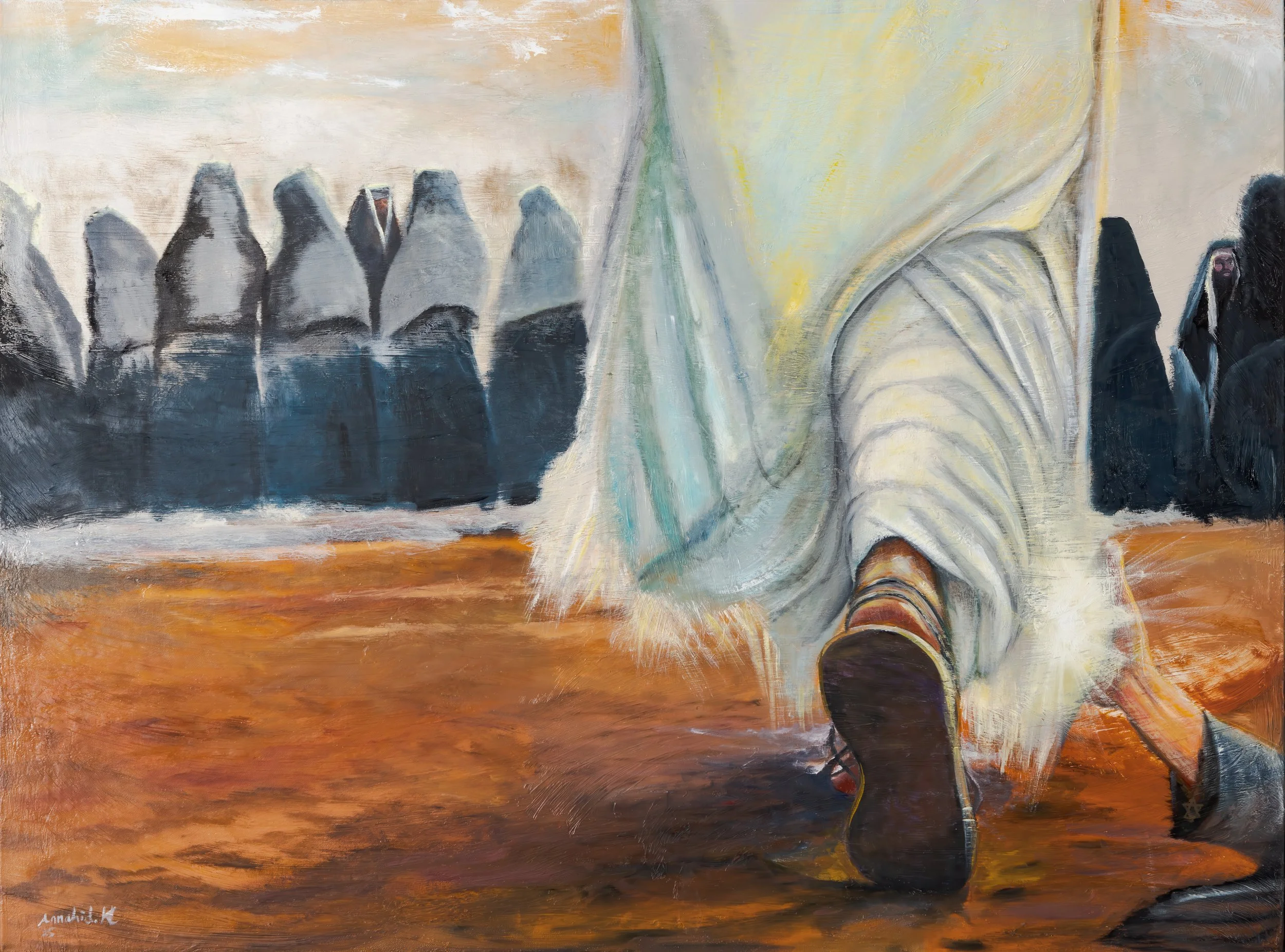 Jesus walking on the street, wearing brown sandals and white pants, and rope, a woman who was bleeding for 12 years is grabbing his rope, and she was healed, with a background of Jewish people and abstract shapes. 