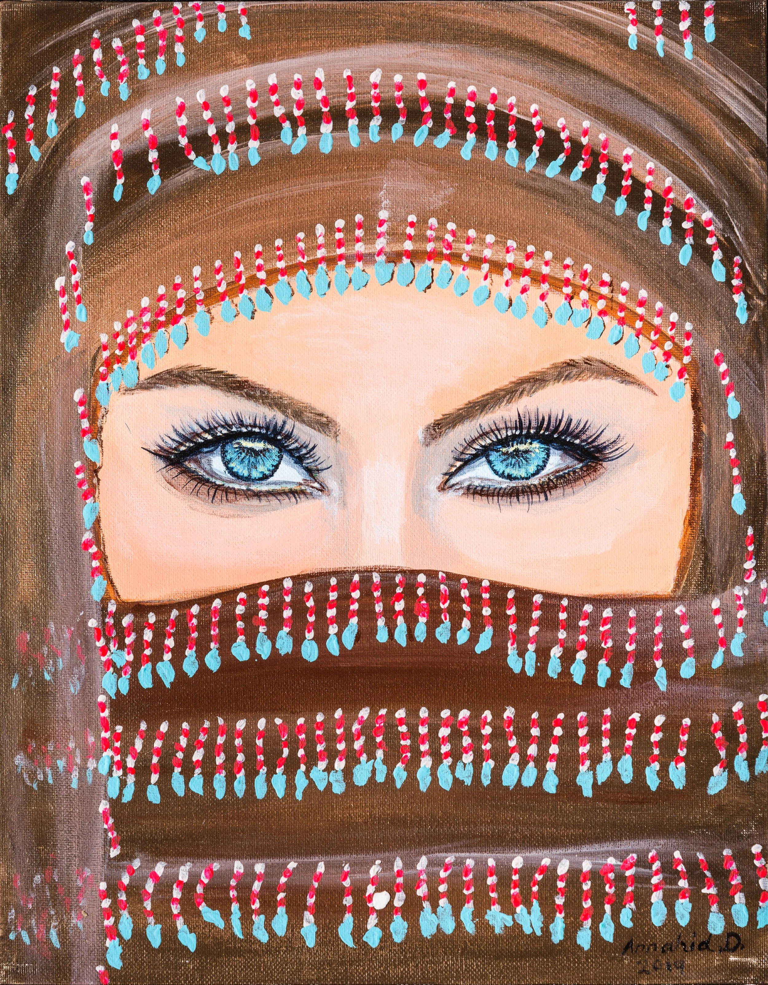 Painting of a woman with striking blue eyes, partially concealed behind horizontal strips of fabric decorated with red, white, and blue beads.
