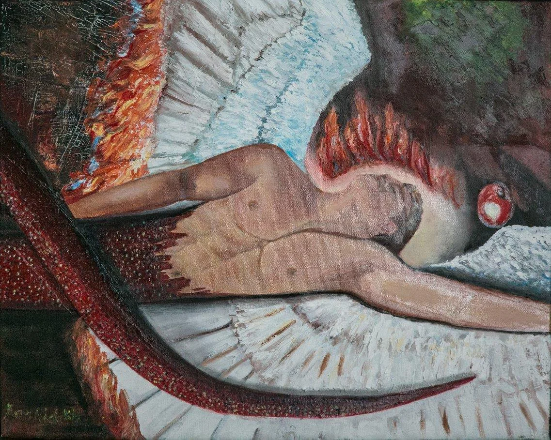 A painting of Lucifer turning to a snake, loosing his wings,  lying on a textured surface with a fire red, white, and black background, featuring bold, expressive brushstrokes and vivid colors.