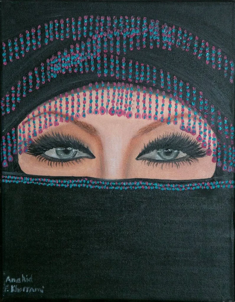 A painting of a woman wearing a black headscarf with pink and blue decorative patterns. The woman's face is partially covered, showing only her light blue eyes and dark makeup around her eyes.