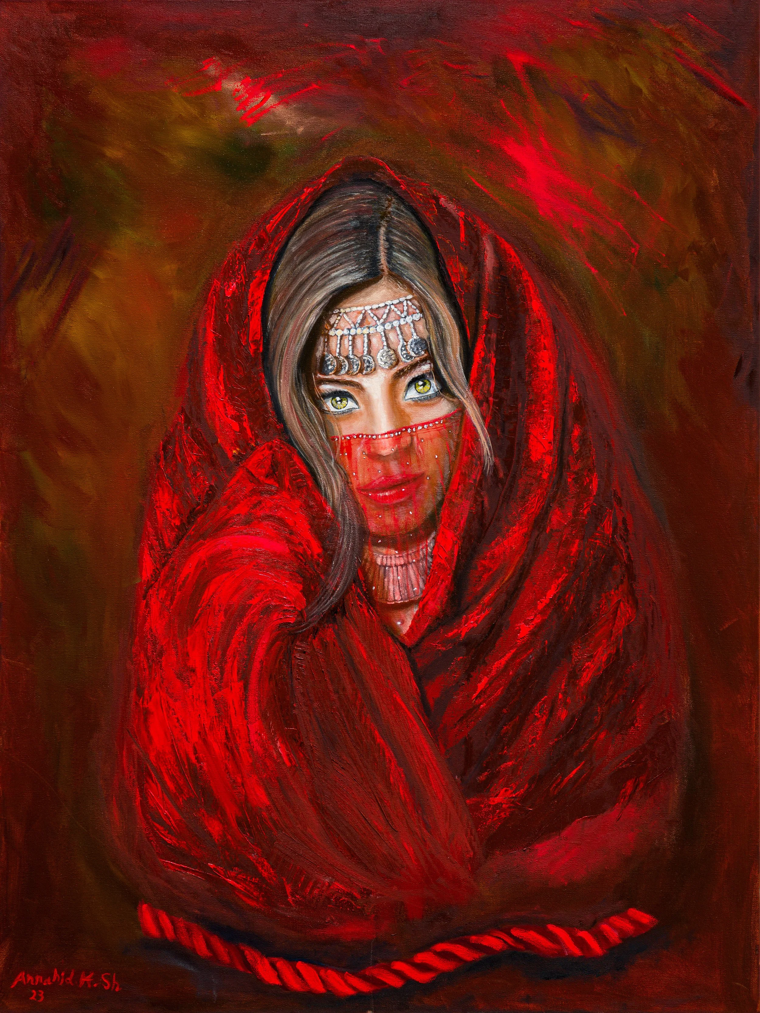 Painting of a woman with striking big eyes, wearing a red head covering and traditional jewelry on her forehead, with a red, textured shawl wrapped around her. The background is a mix of dark brown and red tones. Her name is Rahab a biblical name.