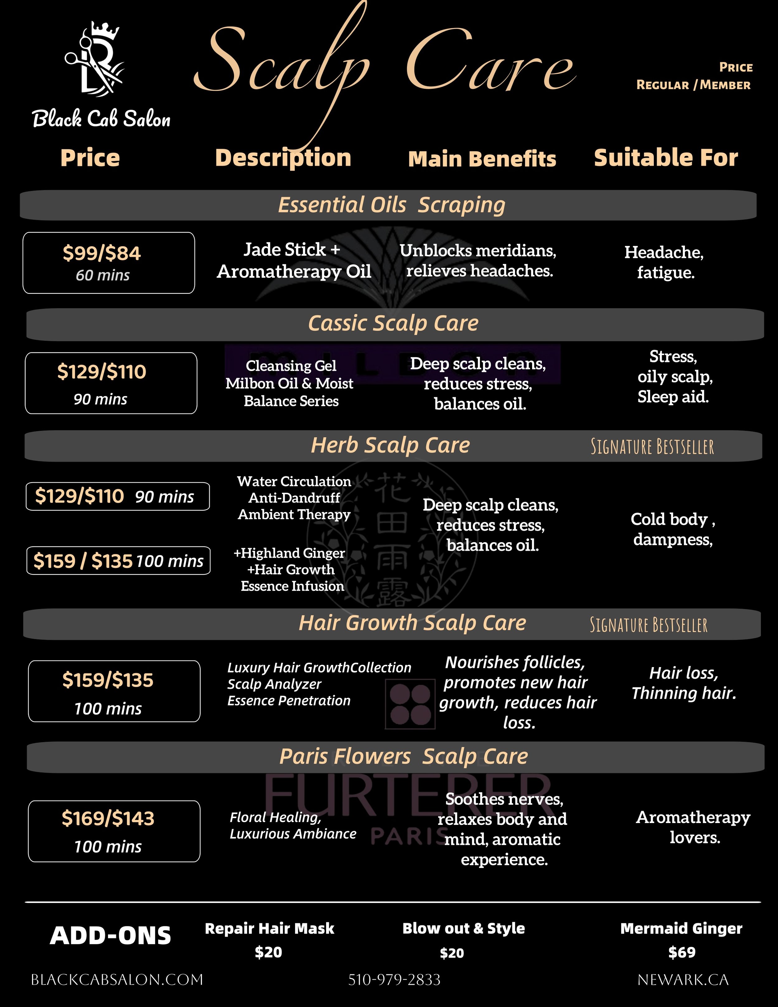 Scalp care menu from Black Cab Salon displaying various treatments with descriptions, prices, and benefits, divided into sections for essential oils, classic, herb, hair growth, and Paris flowers scalp care, including add-ons.