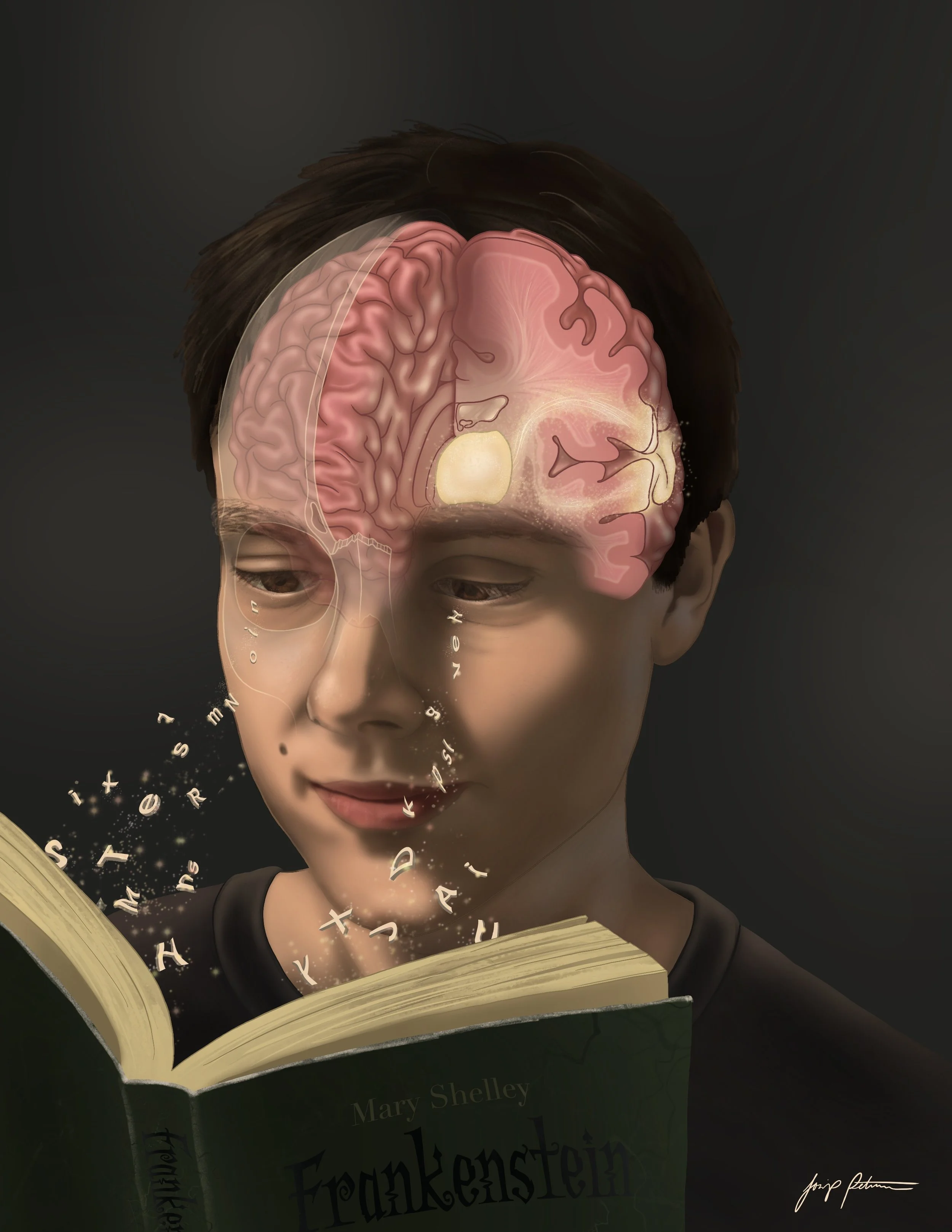 A boy reading a book titled 'Frankenstein' by Mary Shelley with a transparent overlay of a human brain inside his head, illustrating the connection between reading and brain activity.