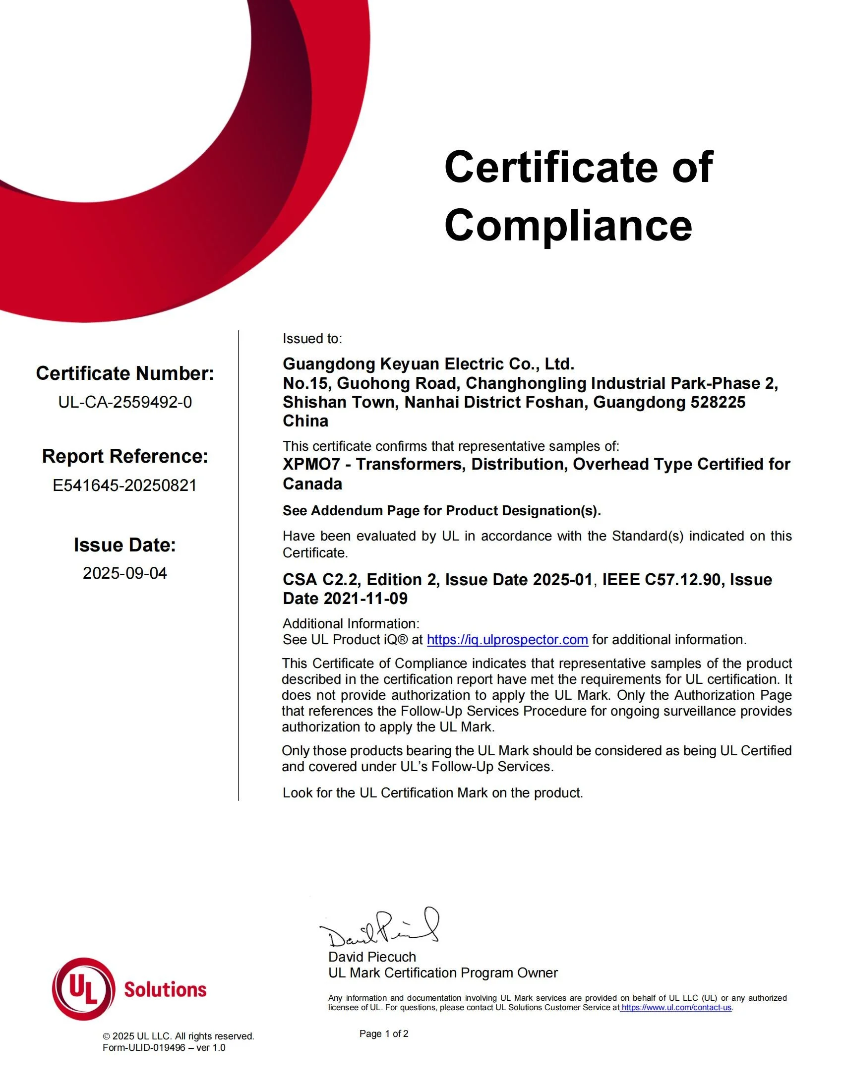Certificate of Compliance for Guangdong Keyuan Electric Co., Ltd., issued by UL, certifying sample XPM07 Transformers, Distribution, Overhead Type, meeting standards CSA C2.2, Edition 2, Issue Date 2025-01.