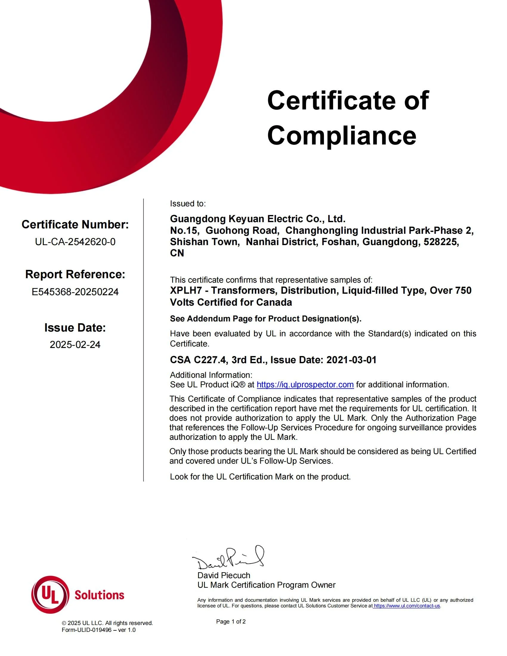 Certificate of Compliance issued to Guangdong Keyuan Electric Co., Ltd. for transformers, distribution, liquid-filled type, over 750 volts, certified for Canada.