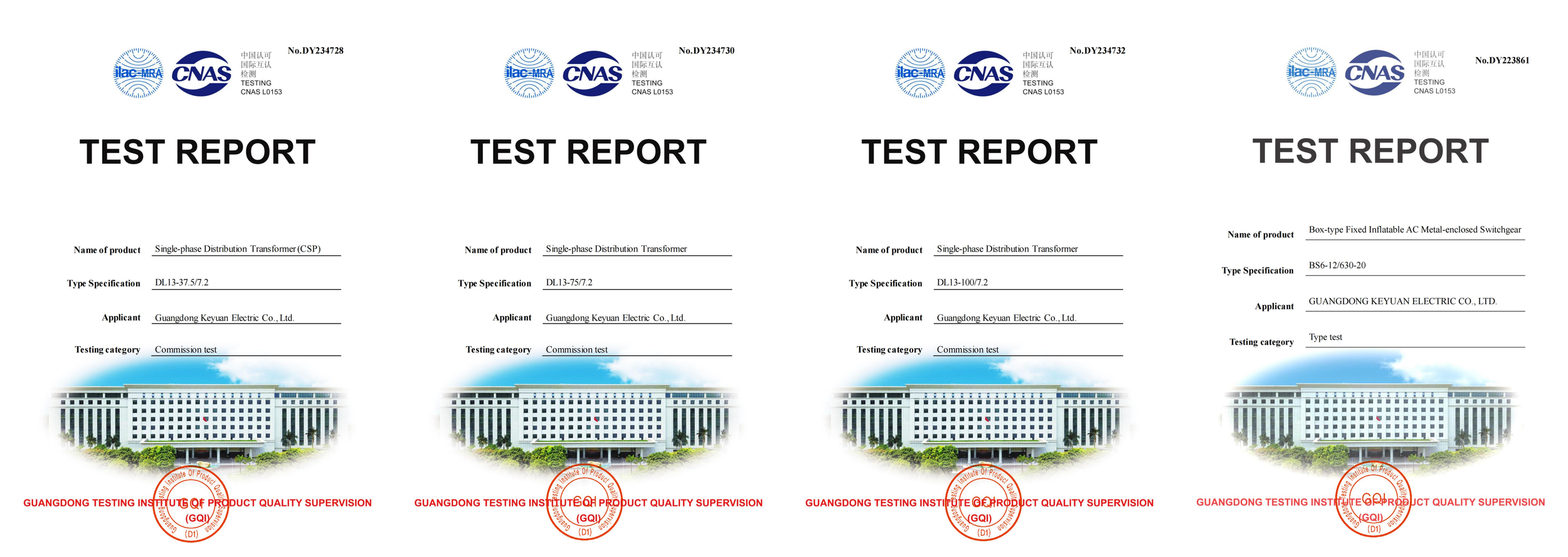 Four copies of a test report with logos at the top and a building illustration at the bottom, each dated around 2023, issued by Guangdong Testing Institute of Product Quality Supervision, for various electrical transformers.