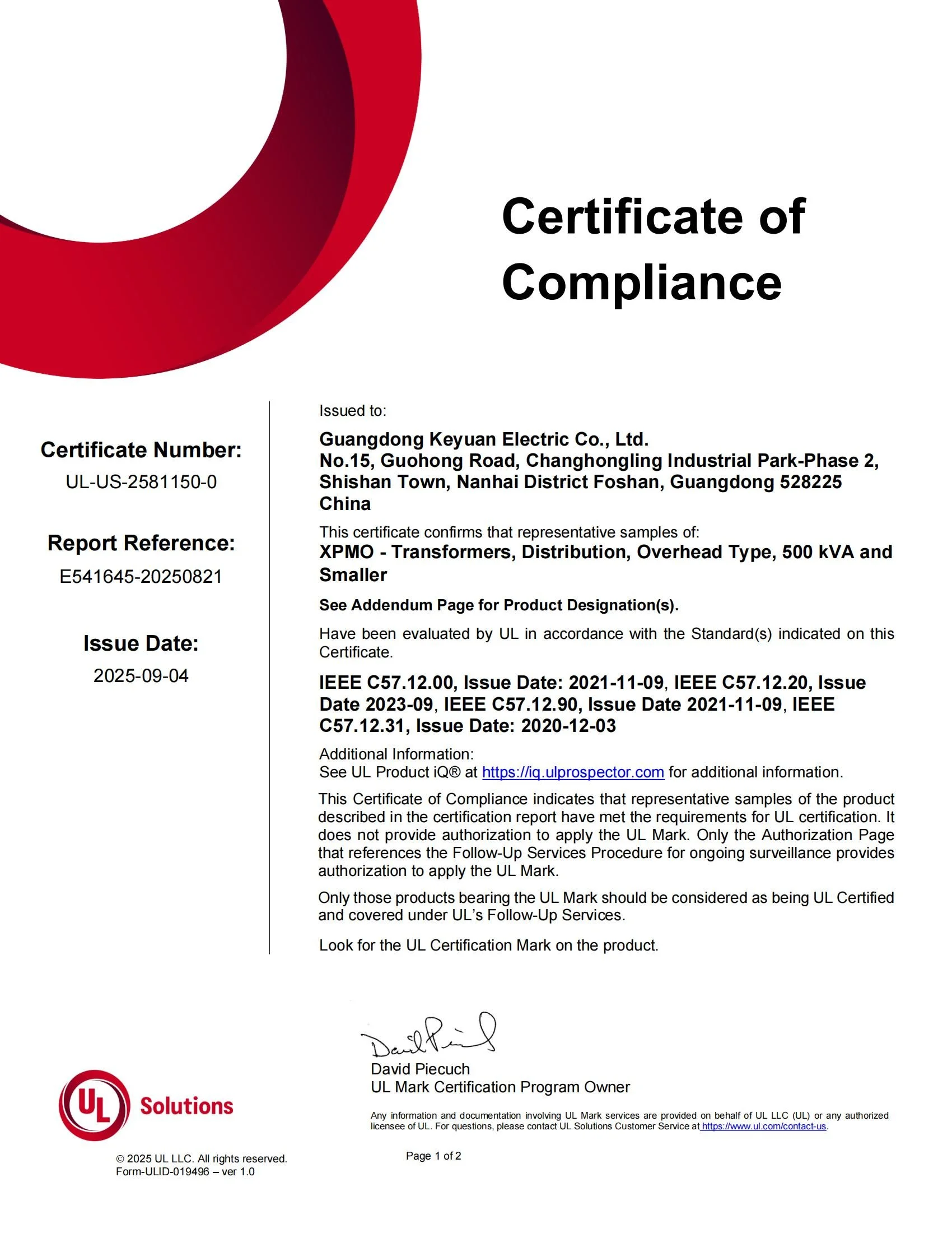 UL Solutions Certificate of Compliance issued to Guangdong Keyuan Electric Co., Ltd. for XPMO Transformers, Distribution, Overhead Type, 500 kVA and Smaller, issued by UL on September 4, 2025, signed by David Piecuch.