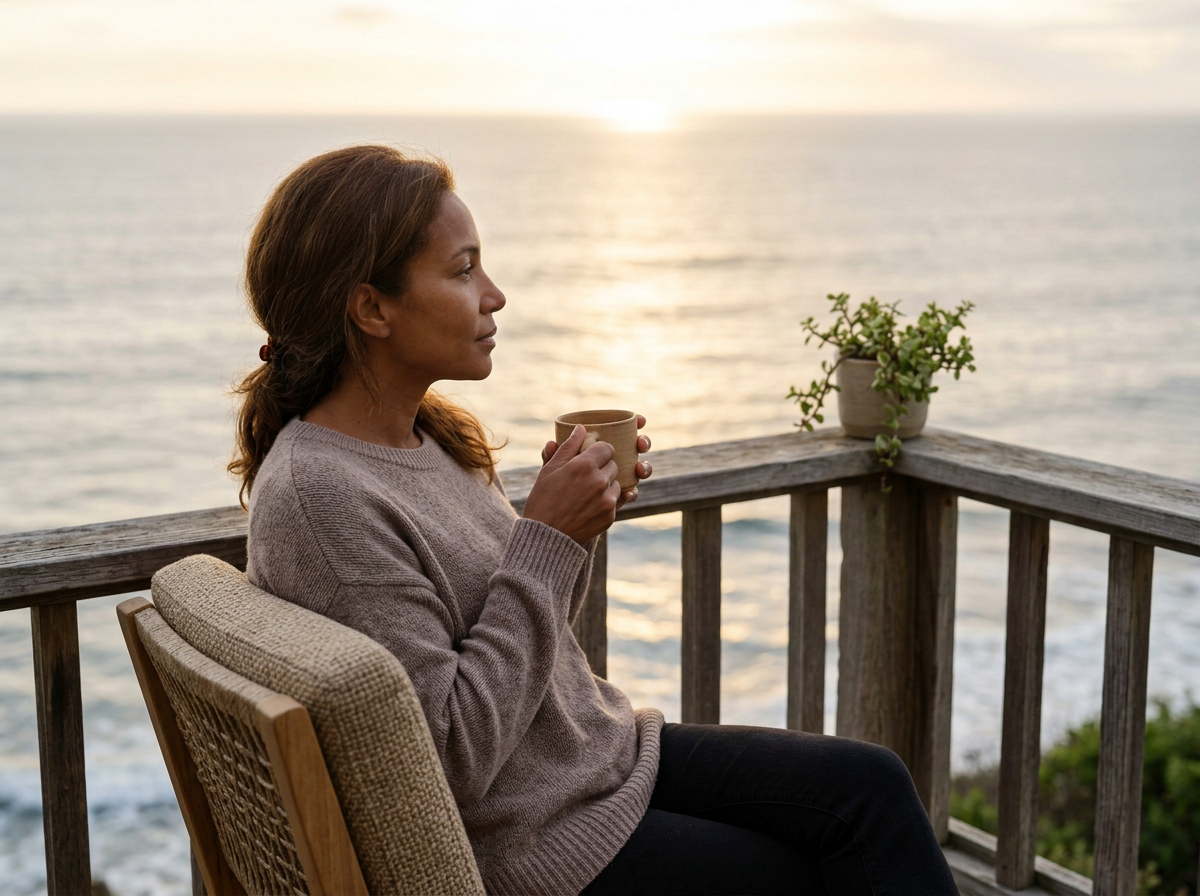 Woman sitting on a porch holding a mug, overlooking the ocean at sunset, with a potted plant on the railing.