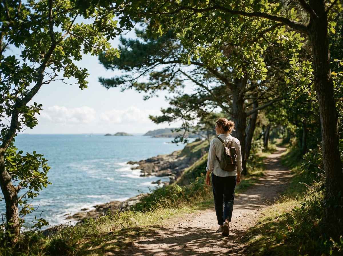 A person walks along a dirt trail beside a coastline with trees and ocean views.