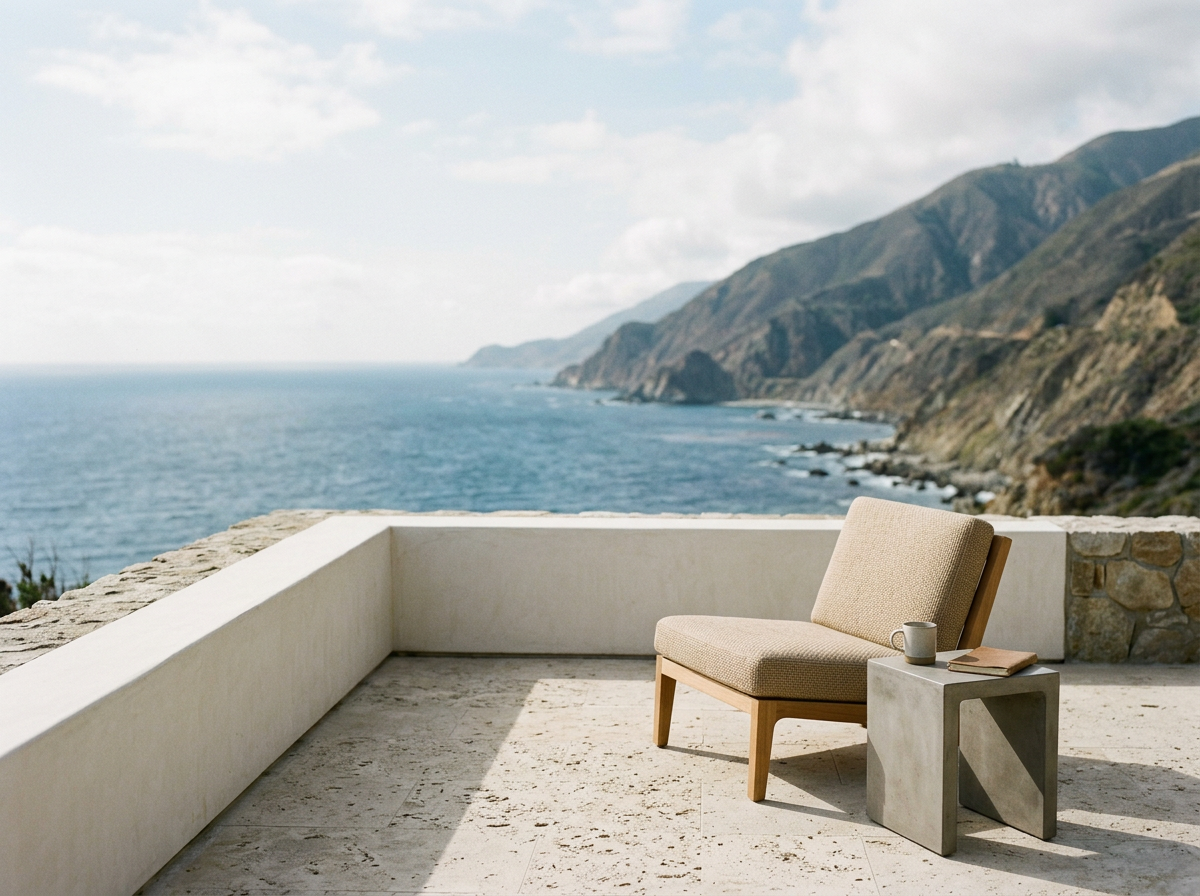 A beige cushioned chair on a patio overlooking the ocean with mountainous cliffs, a small side table holding a mug and a book, and a stone wall in the background.