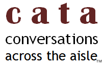 Text reading 'cata conversations across the aisle' on a white background.