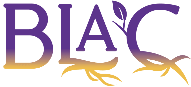 The word "BLACK" in large purple and black gradient letters with a leaf and branch design incorporated into the letter "A" and extending below the other letters.