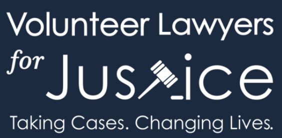 Text graphic reading "Volunteer Lawyers for Justice. Taking Cases. Changing Lives."