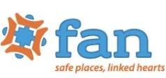 Fan logo with a blue and orange connected heart design and the slogan 'safe places, linked hearts'