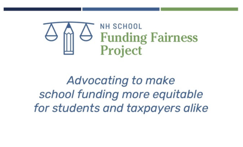 Logo for NH School Funding Fairness Project, with a symbol of scales balancing a pencil, and text that reads: 'NH School Funding Fairness Project. Advocating to make school funding more equitable for students and taxpayers alike.'