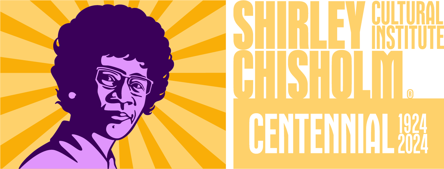 An illustration of Shirley Chisholm's face with glasses and curly hair, in purple, against a yellow background with rays. To the right, text reads 'Shirley Chisholm Century 1924-2024' in large yellow and white letters.