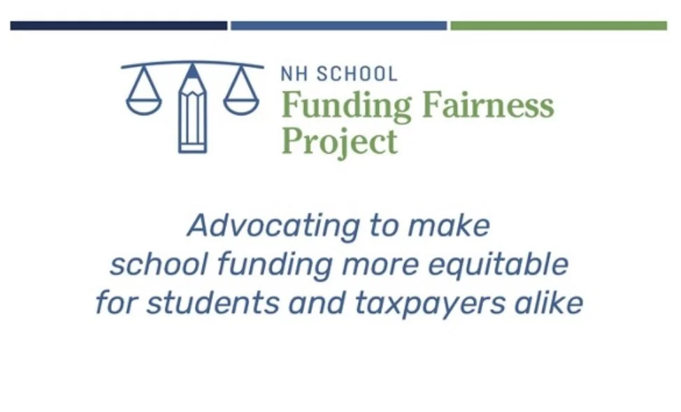 Logo for NH School Funding Fairness Project, with a symbol of scales balancing a pencil, and text that reads: 'NH School Funding Fairness Project. Advocating to make school funding more equitable for students and taxpayers alike.'