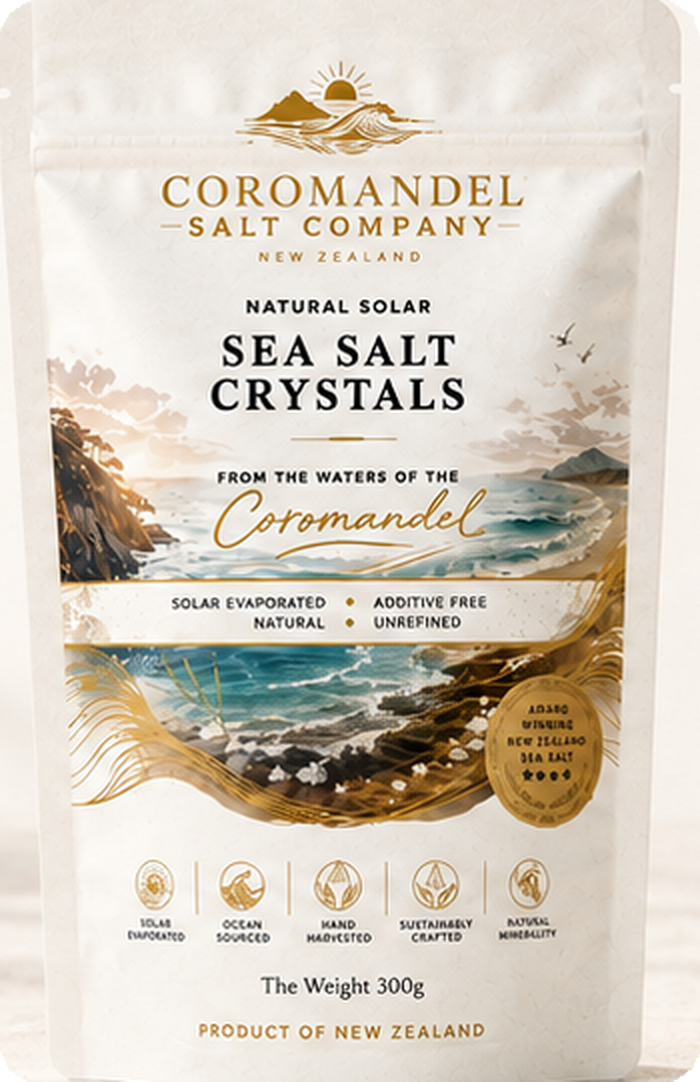Front of a bag of Coromandel Salt Company's sea salt crystals from New Zealand, featuring natural solar evaporation, ocean sourced, hand harvested, sustainably crafted, and mineral review icons, with a scenic coastal illustration.