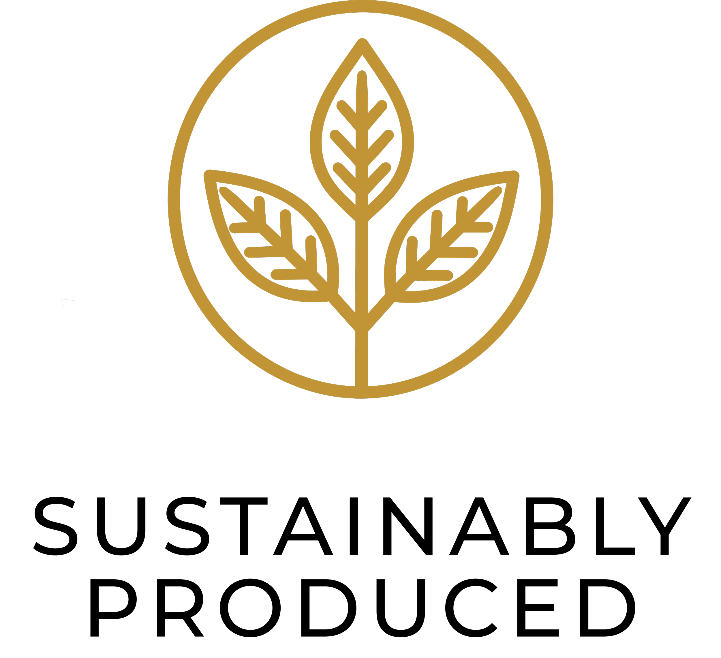 A circular logo with a gold outline and inner design of three stylized gold leaves on a black background.
