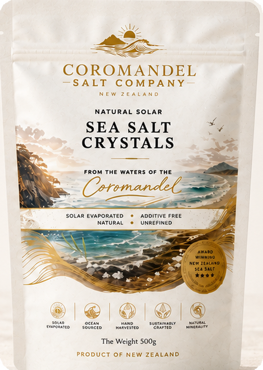 Package of Coromandel Salt Company's natural solar sea salt crystals from New Zealand, featuring ocean and mountain scenery on the label.