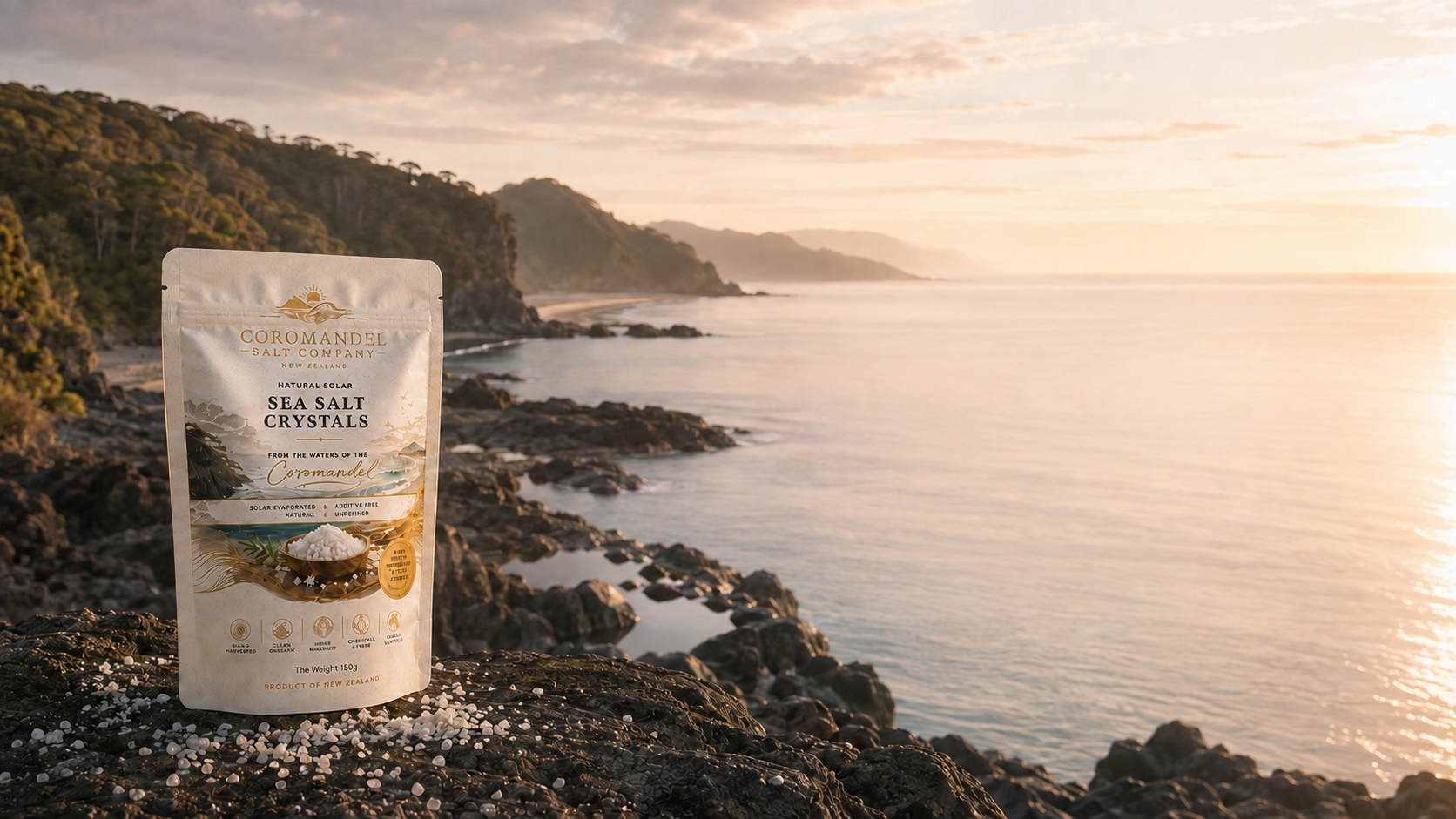 Package of Coromandel Sea Salt Crystals placed on rocky coastline during sunset with ocean and forested hills in the background.